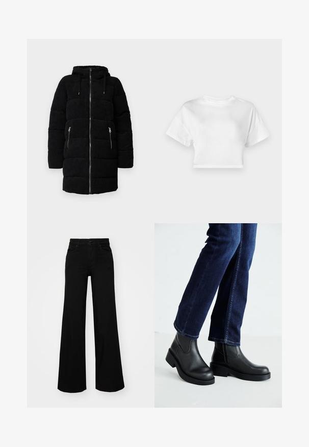 Black corduroy puffer coat with a hood, featuring a full front zipper, two zippered side pockets, and a quilted texture.; White cropped t-shirt made of cotton. Short sleeves, round neckline, smooth texture, casual design without patterns or embellishments.; Black wide-leg pants made of denim, featuring a structured waistband, belt loops, and front pockets. Smooth texture with a classic design.; Black leather ankle boots with a chunky sole and side elastic panels, paired with dark blue jeans. The ground is light-colored.