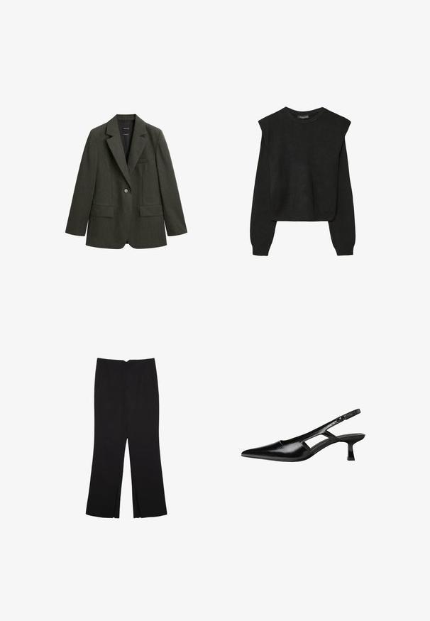Donkergroene blazer van textuurstof, met geknipte revers, een enkele knoop en twee voorkleding.; Zwart gebreid trui met lange mouwen, voorzien van gewatteerde schouders en geribbelde manchetten en onderrand, weergegeven tegen een witte achtergrond.; Zwarte broek met een rechte pasvorm, voorzien van zijzakken en plooien aan de onderzijde. Gemaakt van zachte, gladde stof. Geschikt voor verschillende gelegenheden.; Zwarte gepatineerde leren slingback hakken met een puntige neus, uitsparing aan de zijkant en een kleine vierkante hak. Gladde textuur met minimale accenten.