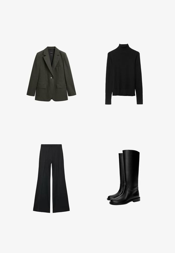 Dark green blazer made of textured fabric, featuring notched lapels, a single button, and two front pockets.; Black turtleneck sweater made of soft knit fabric. Features long sleeves and a fitted design with a straight hemline.; Black wide-leg pants with a smooth texture, featuring front pleats and a tailored design. The fabric is lightweight and flowy.; Black knee-high leather boots with a smooth texture, rounded toe, flat sole, and minimalistic design, featuring stitched seams and no visible hardware.