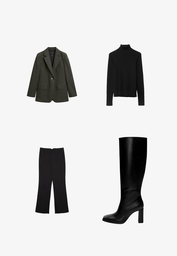 Ciemnozielona marynarka wykonana z fakturowanej tkaniny, z klapami w stylu notch, jednym guzikiem i dwiema przednimi kieszeniami.; Czarny sweter z golfem wykonany z miękkiej dzianiny. Posiada długie rękawy oraz dopasowany krój z prostym wykończeniem.; Czarne spodnie o prostym kroju, z przednimi kieszeniami i bocznymi rozcięciami na dole. Wykonane z miękkiego, gładkiego materiału. Odpowiednie na różne okazje.; Czarne skórzane kozaki do kolan z kwadratowym noskiem i grubym obcasem. Gładka tekstura, dopasowany krój i brak widocznych akcesoriów lub wzorów.