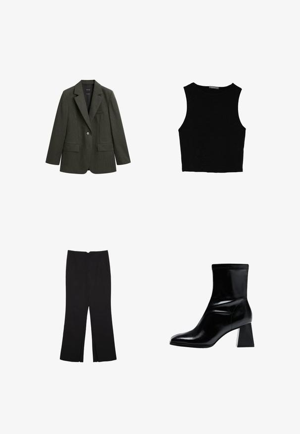 Ciemnozielona marynarka wykonana z fakturowanej tkaniny, z klapami w stylu notch, jednym guzikiem i dwiema przednimi kieszeniami.; Czarny bezrękawnik crop top z gładkiego materiału, z okrągłym dekoltem i czystym, prostym wzornictwem, bez wzorów czy metalowych elementów.; Czarne spodnie o prostym kroju, z przednimi kieszeniami i bocznymi rozcięciami na dole. Wykonane z miękkiego, gładkiego materiału. Odpowiednie na różne okazje.; Czarne botki za kostkę wykonane z gładkiej skóry. Posiadają blokowy obcas z teksturowanym, żebrowanym wzorem oraz smukły, zwężający się kształt palców.