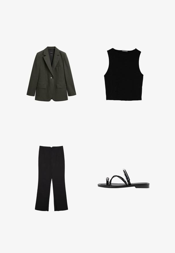 Tmavě zelený blazer vyrobený z texturované tkaniny, s klopovými límci, jedním knoflíkem a dvěma předními kapsami.; Černý bezsleeve crop top vyrobený z hladké tkaniny, s kulatým výstřihem a čistým, jednoduchým designem bez vzorů nebo kovových doplňků.; Černé kalhoty s rovným střihem, s předními kapsami a bočními rozparky na lemu. Vyrobené z jemné, hladké tkaniny. Vhodné na různé příležitosti.; Černé ploché sandály s lesklým povrchem, třemi tenkými popruhy a kulatým kovovým detailem na špičce. Elegantní design s minimálním podpatkem.