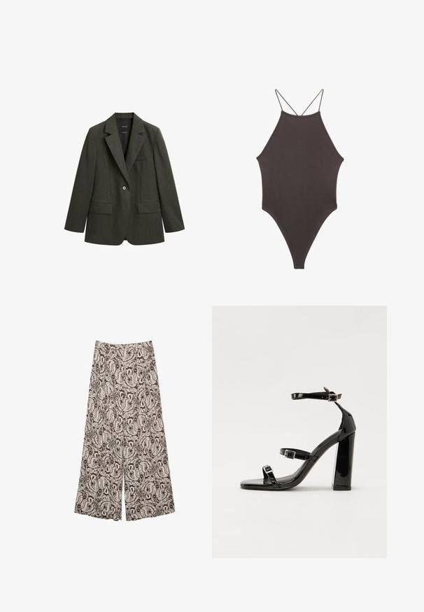 Tmavě zelený blazer vyrobený z texturované tkaniny, s klopovými límci, jedním knoflíkem a dvěma předními kapsami.; Hnědé, jednodílné plavky s vysokým krkem a tenkými, nastavitelnými ramínky; mají vysoký střih nohavic a hladkou texturu. Žádné vzory ani ozdoby.; Kalhoty s širokými nohavicemi v hnědém a krémovém paisley vzoru, s hladkou texturou a vysokým pasem. Vhodné pro každodenní nošení.; Černé lakované sandály na podpatku se čtveratou špičkou, lýtkovými pásky a stříbrnými přezkami. Disponují masivním blokovým podpatkem pro stabilitu.