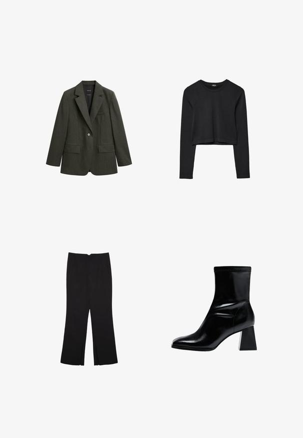 Dunkelgrünes Blazer aus strukturiertem Stoff, mit Reverskragen, einem Knopf und zwei vorderen Taschen.; Schwarzes, langärmliges, kurz geschnittenes Oberteil mit Rundhalsausschnitt, schlichter Gestaltung und leicht abgerundetem Saum.; Schwarze Hose mit geradem Schnitt, ausgestattet mit Fronttaschen und Seitenschlitzen am Saum. Hergestellt aus weichem, glattem Stoff. Geeignet für verschiedene Anlässe.; Schwarze Knöchelstiefel aus glattem Leder. Besitzen einen Blockabsatz mit einem strukturierten, gerippten Muster und einem schlanken, spitz zulaufenden Zehendesign.