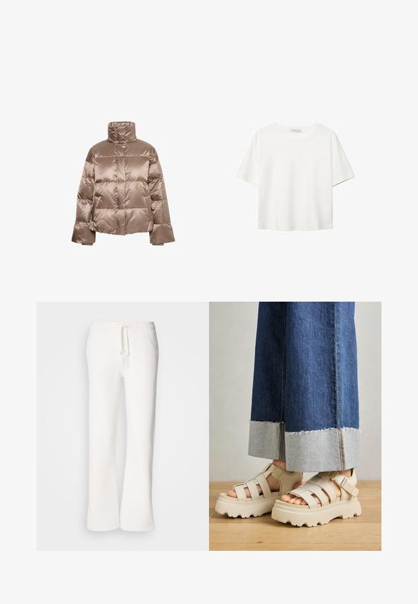 Dunjacka i beige satin med hög krage, quiltat mönster och boxig silhuett. Har sidofickor och elastiska ärmslut.; Vit t-shirt med kort ärm i bomull. Har en rundad halsringning och en avslappnad passform. Slät textur utan synliga mönster eller detaljer.; Vita, avslappnade sweatpants i mjukt material, med elastisk midja och dragsko samt raka ben.; Beiga plattformssandaletter med tjocka sulor har en remdesign och justerbara ankelremmar. Bärs med vida jeansbyxor, där ena fållen är trasig.