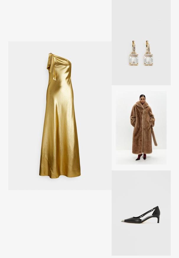 Barna műszőrme kabát széles gallérral, hosszú ujjakkal és oldalsó zsebekkel; elülső záródással és színben illeszkedő szőrme övvel rendelkezik.; Arany egyvállas szatén ruha vállpánttal, sima, fényes textúrával és földig érő szabással.; Fekete bőrből készült kismagassarkú, hegyes ezüst orrkupakkal és dupla csatos pántokkal, fehér háttéren.; Arany flitteres clutch táska, téglalap alakú, csavart lánckarabinerekkel és fém záródással, mely fényt tükröz a textúrált felületének köszönhetően.; Aranyszínű fülbevalók, melyek egy téglalap alakú, tiszta kristállyal díszítették, ami egy sor kis, kerek, tiszta kiegészítő alatt lóg. Letisztult, modern dizájn.