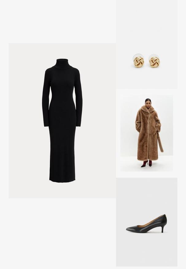 Ruskea tekoturkishuppu, jossa on leveä kaulus, pitkät hihat ja sivutaskut; siinä on etuaukko ja yhteensopiva turkishihna.; Musta, pitkähihainen poolomekko, valmistettu sileästä neuloksesta. Malliltaan vartalonmyötäinen ja pituudeltaan puolipitkä, ylettyen pohkeen keskikohdalle.; Mustat nahka-korkokengät, joissa on terävä kärki, matala korko ja sileä pinta. Edessä on pieni aukko ja takana minimaalinen varustus.; Kultaiset paljetti-clutchet, joissa on suorakulmainen muotoilu, kierretty ketjukahva sekä metallinen lukitus, heijastavat valoa teksturoidun pinnan ansiosta.; Kultaketjut korvakorut, joissa on kierretystä muotoilusta valmistettu solmu. Jokaisessa korvassa on pyöreä, kirkas tausta varman käyttömukavuuden takaamiseksi.