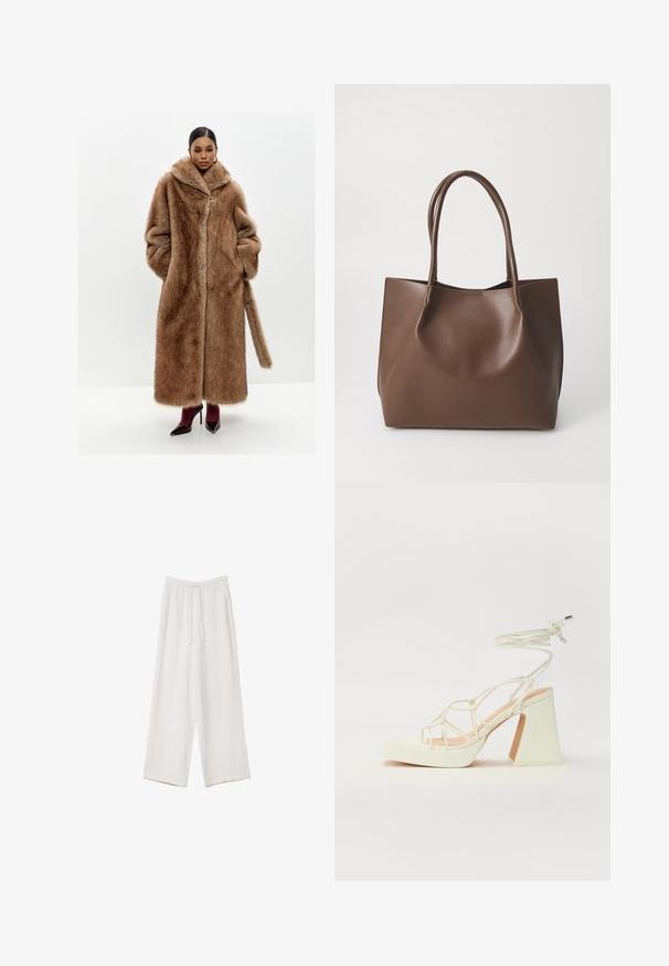 Brun falsk pelsfrakke med en bred krave, lange ærmer og sidelommer; har en frontlukning og et matchende pelsbælte.; Beige strikket kortærmet sweater med rund halsudskæring, der har et tekstureret mønster og ribbet kant. Enkel, tætsiddende design.; Hvide bukser med bred benlængde lavet af et letvægtsstof. Har et elastisk talje med snor og sidelommer. Glat tekstur.; Hvide højhælede sandaler med en kraftig hæl, der har et stropdesign og ankelbinding. Glat tekstur med en platform foran for ekstra højde.; Brun læder tote taske med to lange håndtag, struktureret form, glat tekstur og minimalistisk design. Ingen synligt hardware eller accenter.