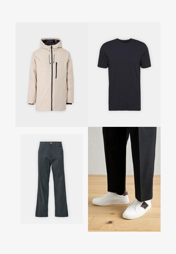 Jachetă exterioară bej cu glugă, având căptușeală neagră, fermoar frontal și două buzunare laterale. Textură netedă cu șnururi de ajustare.; Tricou negru din bumbac, mâneci scurte, guler rotund, culoare solidă, material ușor, textură netedă, fără modele sau grafice vizibile.; Pantaloni negri cu croi drept, confecționați dintr-un material din bumbac. Dispun de un închidere cu nasture metalic și buzunare laterale. Fără modele vizibile.; Sneakers albe cu textură netedă, având accente din piele maro și detalii negre, asociate cu pantaloni negri pe măsură. Fundal din podea din lemn.
