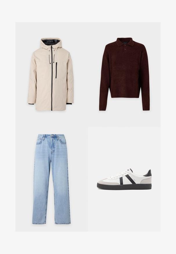Bež jakna za vanjsku upotrebu s kapom, koja ima crnu podstavu, prednji patentni zatvarač i dva bočna džepa. Glatka tekstura s podešivim vezicama.; Smeđi pleteni pulover s polo ovratnikom, tri gumba na vratu i dugim rukavima. Meka tekstura, rebrasti manžeti i rub.; Svijetloplavi traperice ravnog kroja, visokog struka, s pet džepova i kopčanjem na gornji gumb. Imaju izblijedjeli izgled i kontrastne šavove.; Bijele tenisice s crnim i sivim detaljima, s teksturiranim sivim zaštitnikom prstiju, crnim gumene potplate i ravnim bijelim vezicama. Čist dizajn, minimalistički stil.