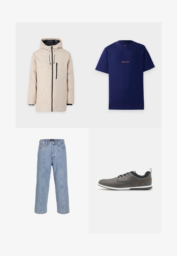 Beige színű kültéri dzseki kapucnival, fekete béléssel, elöl cipzárral és két oldalsó zsebbel. Simább textúrájú, állítható húzózsinórokkal.; Tengerészkék pamut póló rövid ujjakkal. A mellrészen egy kis, narancssárga hímezett logóval rendelkezik. Klasszikus kerek nyakú dizájn.; Világoskék farmernadrág laza fitte, széles szárakkal és látható varrási részletekkel. Gombos és cipzáras záródással, öt zsebével rendelkezik.; Szürke bőr cipők fekete akcentusokkal, kerek orral, fűzős kialakítással, fehér talppal és egy kis húzófüllel a saroknál.