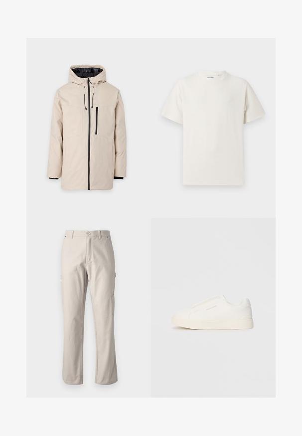 Beige outdoor jacket with a hood, featuring a black lining, front zipper, and two side pockets. Smooth texture with adjustable drawstrings.; White short-sleeve T-shirt in a ribbed texture. Round neckline, relaxed fit, no visible patterns or accents. Simple and versatile design.; Beige cargo pants made of sturdy cotton with straight legs, front button closure, and side pockets for utility. Smooth texture with subtle stitching.; White slip-on sneakers with a textured surface, a thick sole, and minimalistic design. Features brand logo on the side.