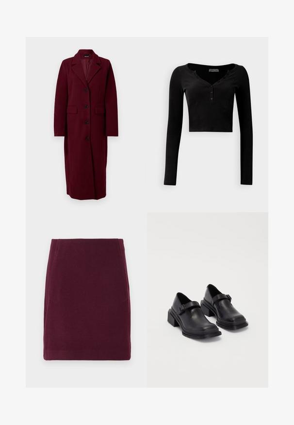 Tamno crveni dugi vuneni kaput s četiri crna gumba, širokim reverima i dva prednja džepa s preklopom, prikazan na jednostavnoj bijeloj pozadini.; Crni skraćeni dugih rukava top od rebrastog materijala, s V-izrezom i prednjim placketom s tri dugmadi.; Vero Moda VMFORTUNALLISON SHORT - Suknja A kroja - winetasting; Crne kožne cipele s okruglim vrhom, ravnim đonom i remenom s detaljem kopče. Debeli blok peti za dodatnu stabilnost.