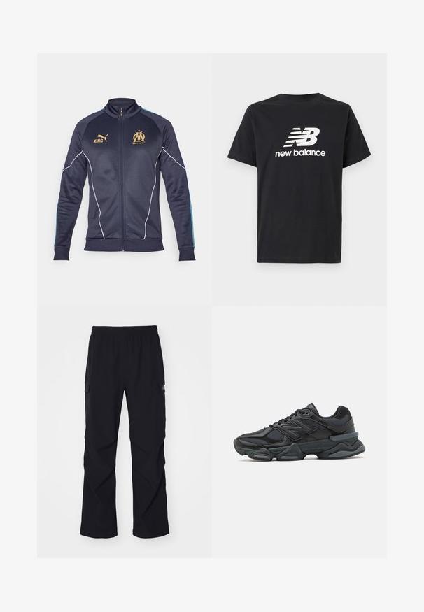 Marine joggedressjakke laget av polyester, med hvite kanter, gulllogo-detaler og blå striper på ermene. Full glidelås foran.; Svart bomulls T-skjorte med hvit New Balance-logo og grafisk design på forsiden. Korte ermer og rund hals.; Svart cargo bukser laget av lett materiale, med elastisk midjebånd, sidelommer og rett ben design.; Svart løpesko med en blanding av mesh og syntetiske materialer, chunky såle, buet design og fremtredende merkevare på siden.