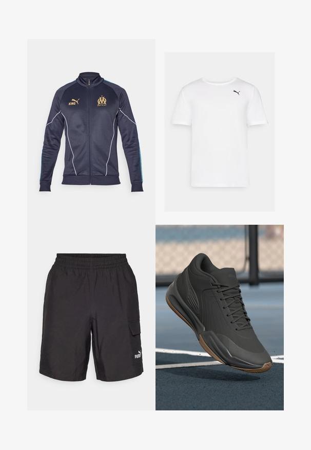 Jūras spēku treniņjakas jaka, izgatavota no poliestera, ar baltām apmalēm, zeltainiem logotipa akcentiem un zilām svītrām uz piedurknēm. Ar pilnīgu rāvējslēdzēju priekšpusē.; Balta īsām piedurknēm T-kreksa, kas izgatavota no gludas auduma, ar mazu melnu Puma logo kreisajā krūšu zonā. Apaļš kakla izgriezums, bez rakstiem.; Melni kargo šorti ar elastīgu jostu, sānu kabatām un baltu Puma logo uz kreisā kājas. Izgatavoti no viegla auduma.; Melna sporta apava ar gludu sintētisku virsu, teksturētām akcentiem un gumijas zoli, kas izstrādāta veiktspējai un komfortam.