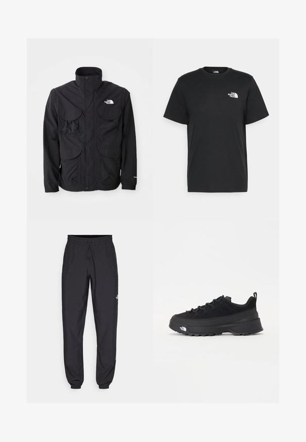 Črna jakna z visokim ovratnikom, dvema sprednjima žepoma s poklopcem, zadrgo in logotipom na zgornjem desnem delu. Lahka, zasnovana za zunanjo uporabo.; Črna bombažna majica s kratkimi rokavi, okroglim izrezom in majhnim belim logotipom na levem prsnem delu. Preprost dizajn, gladka tekstura in sproščen kroj.; Črne atletske hlače iz lahkega materiala, ki imajo elastični pas z vezalko, stranske žepe in zožene manšete na gležnjih.; Črne zunanje teniske s zgornjim delom iz usnja z nubukom, teksturiranim gumijastim podplatom in trdnim vezalnim sistemom. Imajo ojačan petni del in logotip blagovne znamke na strani.