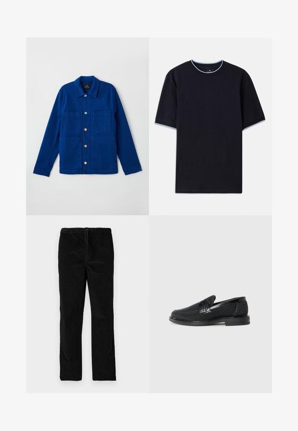 Blå denimjacka med krage, två bröstfickor och kontrasterande knappar. Slät textur med en avslappnad design.; Mörkblå t-shirt med kort ärm och rund halsringning, med ljusblå detaljer vid kragen och ärmarna. Tillverkad av mjukt bomullstyg.; Svarta raka sammetbyxor med elastisk midja och framtida dragsko, uppvisade mot en enkel vit bakgrund.; Svart vävd slip-on sko med en slät läderdetalj på ovansidan, med rund tådesign och en låg gummisula.