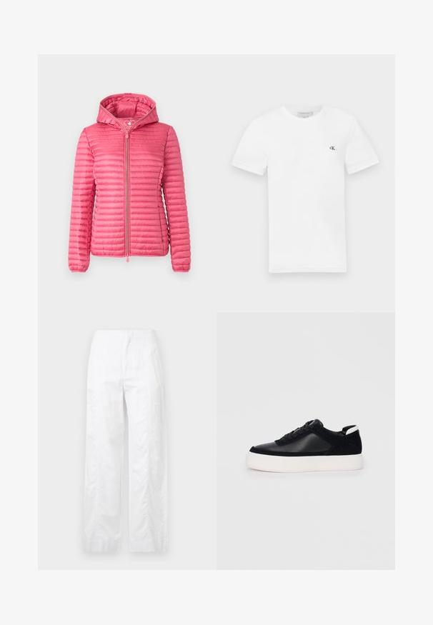 Giacca a vento rosa con cappuccio, caratterizzata da una texture trapuntata orizzontale, chiusura lampo frontale e polsini elastici per una vestibilità sicura.; T-shirt bianco in cotone con maniche corte e scollo rotondo. Presenta un piccolo logo nero "ck" sul lato sinistro del petto. Tessuto morbido.; Pantaloni bianchi a gamba larga realizzati in tessuto leggero, con una texture liscia, linee pulite e un design a vita alta.; Sneaker nera con pannelli in pelle liscia e suede, lacci piatti, punta arrotondata e suola in gomma bianca. Logo distintivo sul tallone.