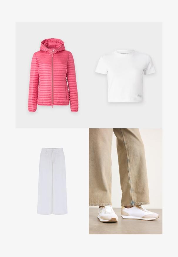 Roosa puffjakker koos kapuutsiga, millel on horisontaalne pehme tekstuur, eesmine tõmblukk ja elastsed mansetid kindla sobivuse tagamiseks.; Valge lühike t-särk, mis on valmistatud siledast puuvillast, kõrge kaelusega ja lühikeste varrukatega. Väike tikand logoga alumises nurgas.; Valged laiad püksid sujuva tekstuuriga, millel on kaks esistaskut ja nööbilukk, on loodud mugava sobivuse jaoks.; Valged sneakers, millel on beežist seemisnahast aksent, tasas lace-kinnitus ja kummist tallad, koos heledate beežide sirgete pükstega.