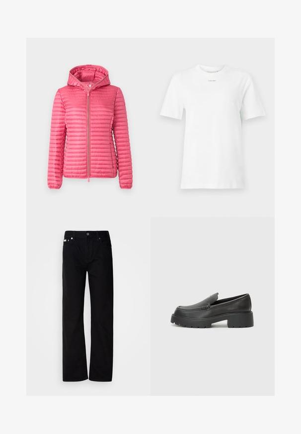 Doudoune rose avec capuche, présentant une texture matelassée horizontale, une fermeture éclair sur le devant et des poignets élastiques pour un ajustement sécurisé.; T-shirt en coton blanc avec un col rond, des manches courtes et un petit logo noir "Calvin Klein" sur la poitrine. Design simple, sans motifs.; Pantalons en denim noir à jambes droites avec cinq poches, rivets en argent et braguette à bouton. Le tissu a une finition lisse et légèrement texturée.; Mocassins en cuir noir avec un bout arrondi, une semelle épaisse et texturée, et des détails de couture minimalistes. Design épuré sans lacets ni métal visibles.