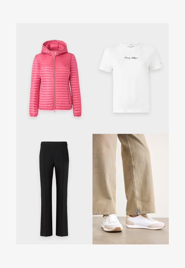 Pink puffer jacket with a hood, featuring horizontal quilted texture, front zipper, and elastic cuffs for a secure fit.; White cotton T-shirt featuring short sleeves and a crew neckline. Centered black embroidered "Tommy Hilfiger" logo on the chest.; Black tailored trousers with a smooth texture, featuring a straight-leg cut, centered front pleats, and a minimalist waistband design.; White sneakers featuring a beige suede accent, flat lace closure, and rubber outsole, paired with light beige straight-leg jeans.