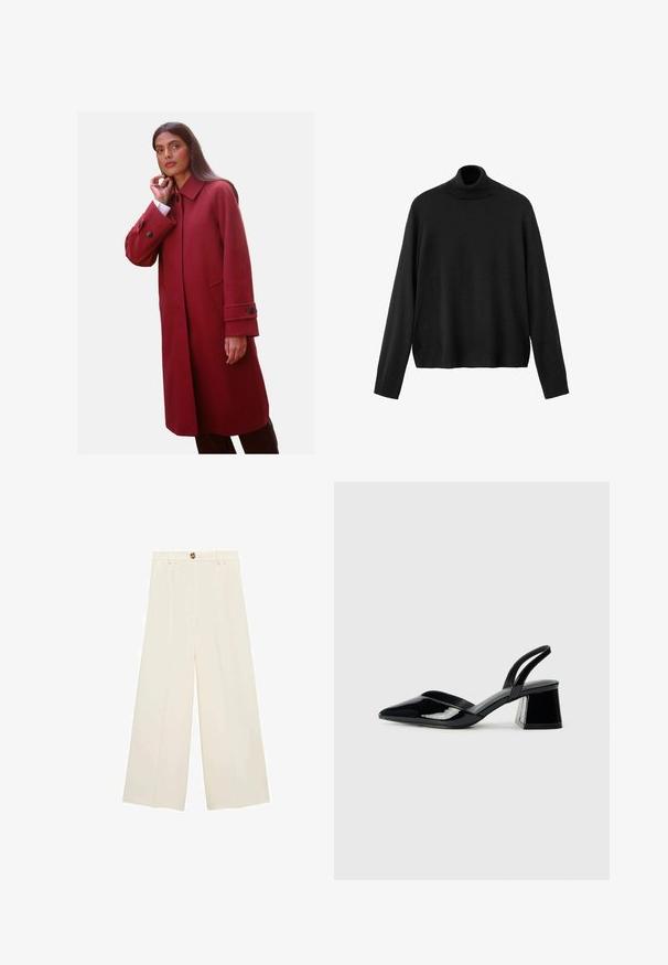 Červený kabát z vlněné směsi s vysokým límcem, bočními kapsami a knoflíkovými manžetami, s přiléhavým střihem a hladkou texturou.; Černý rolákový svetr z pleteného materiálu s dlouhými rukávy, přiléhavým límcem a mírně zkráceným lemem. Hladká textura, jednobarevný.; Krémové kalhoty širokého střihu s vysokým pasem, zapínáním na knoflík a hladkým povrchem bez viditelných vzorů nebo akcentů.; Černé lakované kožené lodičky na pásku s špičatou špičkou a geometrickým blokovým podpatkem. Vyznačují se elegantním, minimalistickým designem a hladkým povrchem.