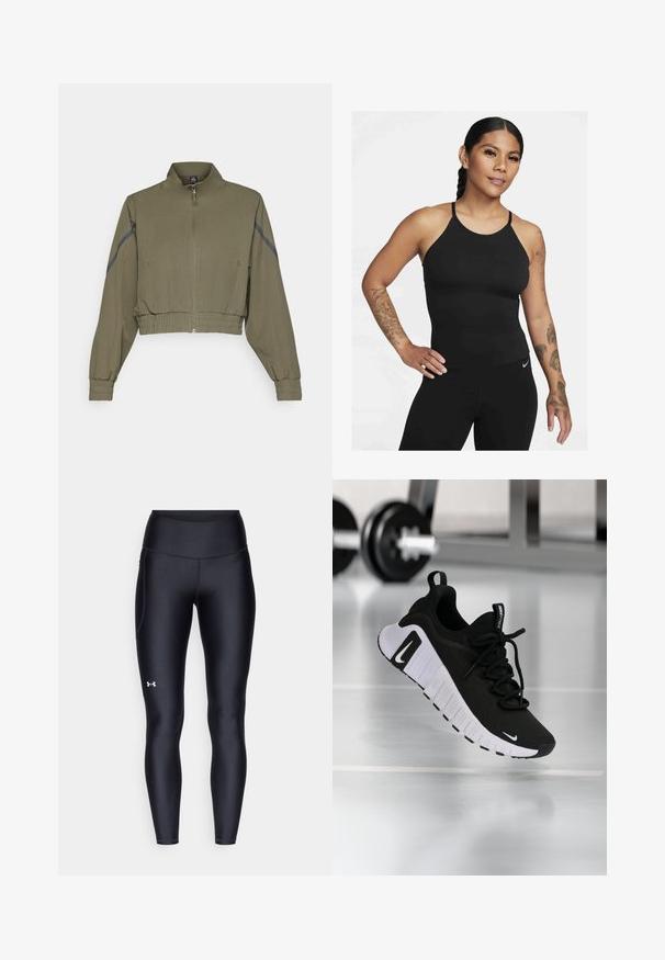 Chaqueta recortada de color verde oliva con cuello alto, cierre de cremallera, puños elásticos y bolsillos laterales; presenta franjas laterales en gris oscuro.; Top atlético negro sin mangas con cuello alto y tirantes finos. La tela es suave con un diseño ajustado, acompañado de unas leggings a juego.; Leggings negros hechos de un material suave y elástico con una cintura alta. Presentan un logo blanco en el muslo izquierdo y un diseño ajustado.; Zapatilla deportiva negra con parte superior de tela texturizada, suela blanca y sistema de cordones prominente. Presenta un logo de Nike y un diseño suave y acolchado.