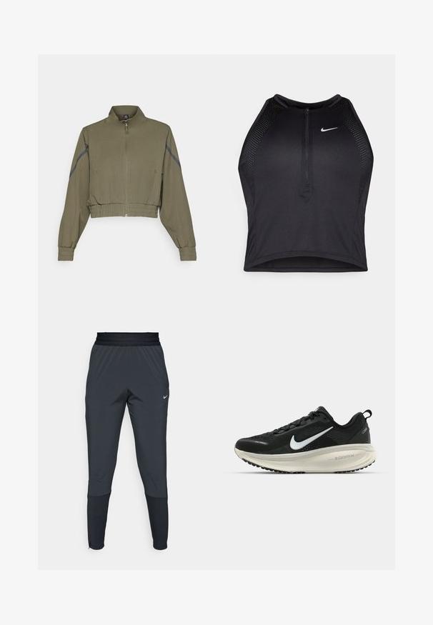 Olíva zöld, rövid fazonú dzseki magas gallérral, cipzáros záródással, rugalmas mandzsettákkal és oldalsó zsebekkel; sötétszürke oldalsávokkal rendelkezik.; Fekete sportos crop top, elöl cipzárral, hálós kiegészítőkkel és testhez álló kialakítással. Rugalmas, lélegző anyagból készült. Nike logó elöl.; Nike sportnadrág sötétszürke színben, szűkített lábakkal, rugalmas derékpánttal és díszítésekkel a szárak közelében.; Fekete Nike futócipő légáteresztő hálós felsőrésszel, fehér Swoosh logóval, textúrázott részletekkel és krém színű ZoomX középtalppal.