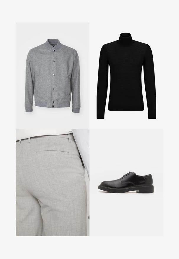 Hall hall, kootud jakk kõrge kraega, ees nööpidega sulgemine, küljetaskud ning soonikkoes mansetid ja alläär. Pehme tekstuur, juhuslik istuvus.; Musthave muströid ja pehmest materjalist must turtleneck, millel on pikad varrukad ja tihe istuvus. Ribaga ääris allservas ja vöökohal. Lihtne disain.; Heledat hallid kohandatud püksid tekstuurse kangaga, millel on üks tagatasku ja puhas õmblus.; Must beemel levalis kingad ümarate varvastega, sileda pinnaga, minimaalsete õmblustega ja madala kummist kontsaga. Logo kontsa peal.