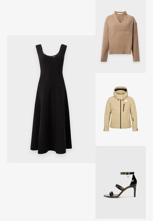 Beige kapuutsiga jope ees luku, rinna ja varrukate lukuga taskud, reguleeritavad mansetid ja valge brändi logo vasakul rinna ülaosas.; Beež ribi kudumil oleval sügava V-kaelusega, pikad varrukad ja tekstuurne paneel rinna piirkonnas. Lühendatud pikkus ja mugav lõige.; Must mustrik, millel on ümar kaelus, varrukateta disain ja laienev A-line siluett. Selles on vertikaalsed õmblused, mis lisavad struktuuri.; Must musta nahk sandaal kolme rihmaga, pahkluu vööga ja 4-tollise stilettakontsaga. Omab kuldset detaili ja logovõtit.; Pruun seemisnahast käekott, millel on tõmblukk, reguleeritav õlarihm ja hõbedased metalldetailid, millel on peene tekstuuriga pind.