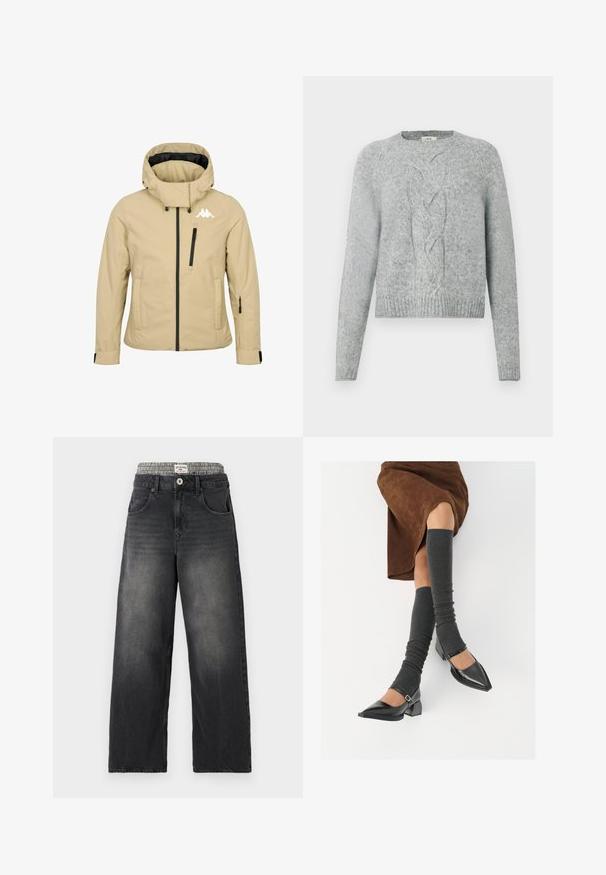 Beżowa kurtka z kapturem, z zamkiem z przodu, kieszeniami na zamek na klatce piersiowej i rękawach, regulowanymi mankietami oraz białym logotypem marki na górnej lewej części klatki piersiowej.; Jasnoszary sweter wykonany z dzianiny, z długimi rękawami, okrągłym dekoltem i centralnym wzorem w warkocz na przodzie.; Czarne dżinsy o szerokich nogawkach z pasem w wzór houndstooth. Elementy to kieszenie z przodu i zapięcie na guzik. Zniszczona faktura.; Czarne lakierowane buty na szpilce z prostokątnym obcasem i paskiem na kostce, zestawione z szarymi prążkowanymi ocieplaczami na nogi oraz brązową zamszową spódnicą.