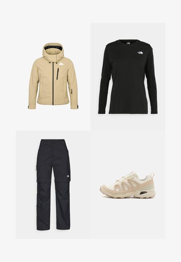 Beige Kapuzenjacke mit Frontreißverschluss, Brust- und Ärmeltaschen mit Reißverschluss, verstellbaren Bündchen und weißem Markenlogo auf der oberen linken Brust.; Schwarzes Langarm-T-Shirt aus Baumwolle mit Rundhalsausschnitt. Verfügt über ein kleines weißes Logo auf der linken Brustseite. Einfaches Design und Passform.; Schwarze Nylon-Zip-Off-Cargohosen mit verstellbaren Bündchen, mehreren Taschen und einem Logo am rechten Bein. Glatte, leichte Textur.; Beige und cremefarbenen Sportschuh mit strukturiertem Mesh-Obermaterial, unterstützenden Überzügen und Gummisohle mit einem Profilmuster für Bodenhaftung.