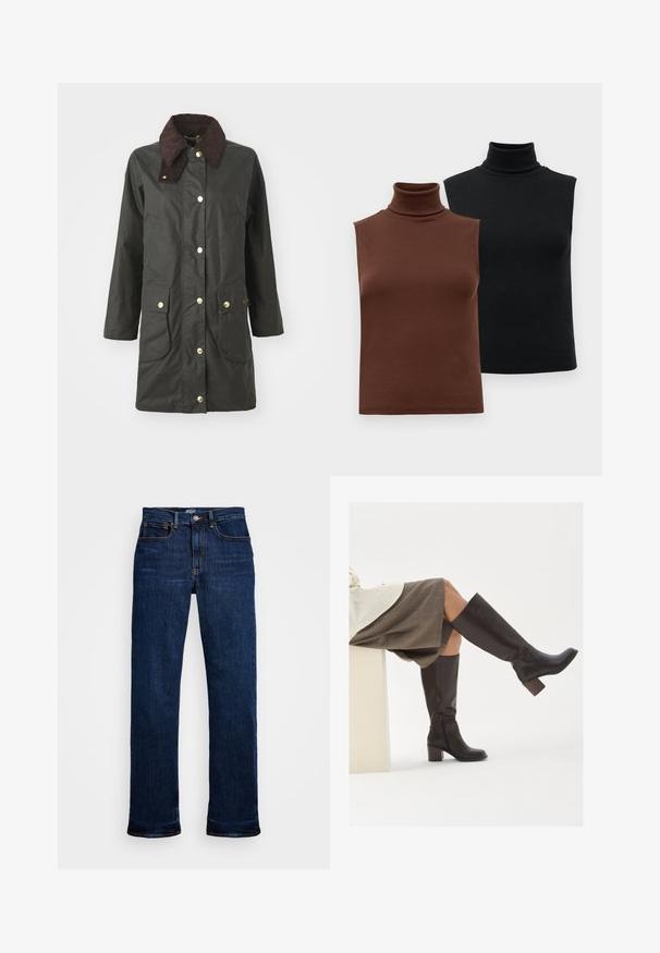 Fekete vízálló dzseki barna kordbársony gallérral, arany színű patent gombokkal, két elülső zsebbel és térd alá érő fazonnal.; Két ujjatlan, bordázott garbó felső barna és fekete színben, egy sima fehér háttéren kiállítva.; Sötétkék farmernadrág, egyenes szárú szabással, öt zsebével, rézszínű varrással és klasszikus gombos záródással.; Barna bőrből készült, térdig érő csizmák, négyzet alakú orral, tömbsarkúval és oldalsó cipzárral. Simaszerkezet, polírozott felület.