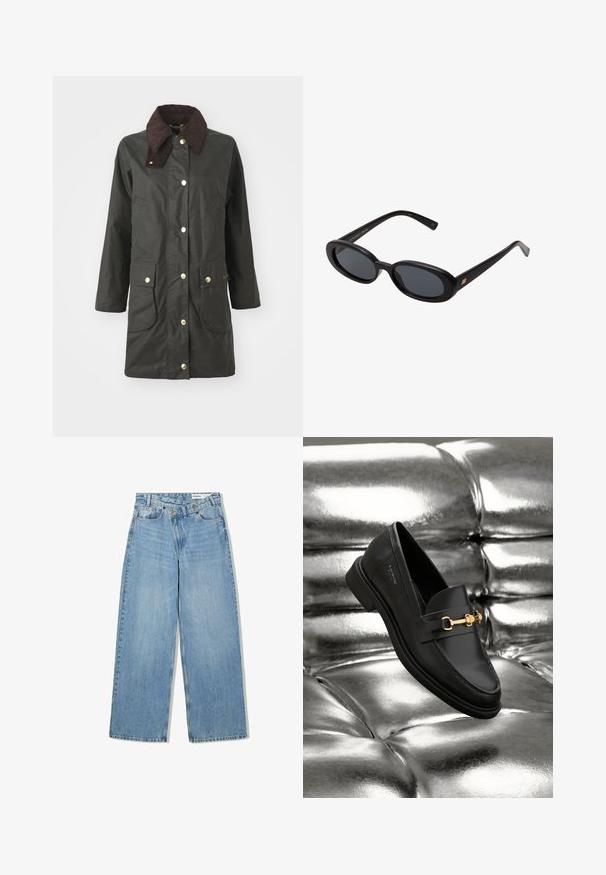 Zwarte waterdichte jas met een bruine corduroy kraag, gouden drukknoopsluitingen, twee voorzakken en een knielange snit.; Effen witte langslopende shirt met lange mouwen, ronde hals, van achteren weergegeven, plat gelegd op een witte achtergrond.; Lichtblauwe wijde jeans van denim, met een hoge taille, vijf zakken, knoopsluiting en subtiele vervaging voor textuur.; Zwarte leren instapper met een goudkleurig hardware-detail. De schoen heeft een strak ontwerp en een gladde, glanzende textuur.; Zwarte oversized zonnebril met ovale lenzen, een glad plastic montuur en gouden accenten op de pootjes. Donkere lenzen bieden bescherming tegen de zon.
