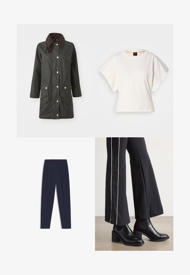 Black waterproof jacket with a brown corduroy collar, gold snap buttons, two front pockets, and a knee-length design.; White cropped T-shirt, short wide sleeves, soft cotton material, round neckline with subtle orange trim, minimal design, no patterns or graphics.; Navy blue tailored trousers with a smooth texture, featuring front pleats and side pockets. Straight leg design and no visible embellishments.; Black leather ankle boots with a block heel, featuring elastic side panels. Paired with black pants that have a white side stripe.