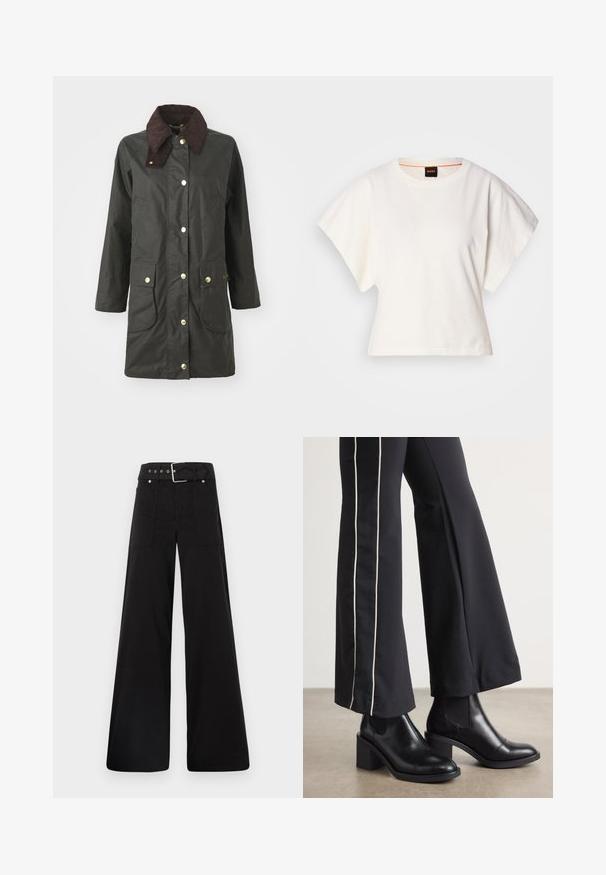 Black waterproof jacket with a brown corduroy collar, gold snap buttons, two front pockets, and a knee-length design.; White cropped T-shirt, short wide sleeves, soft cotton material, round neckline with subtle orange trim, minimal design, no patterns or graphics.; Black wide-leg trousers made from cotton, featuring a high waist, large side pockets, and a belted waist with silver hardware accents.; Black leather ankle boots with a block heel, featuring elastic side panels. Paired with black pants that have a white side stripe.