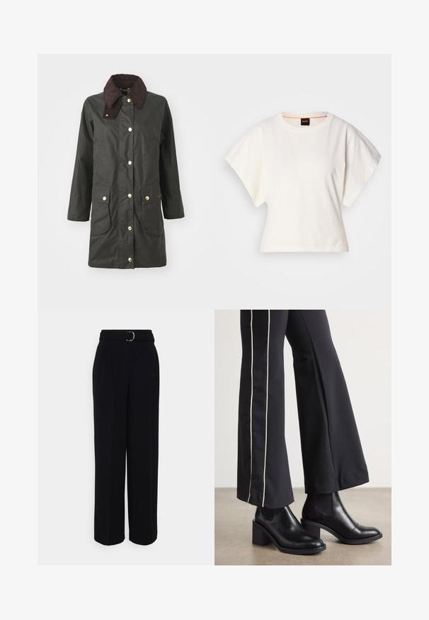 Black waterproof jacket with a brown corduroy collar, gold snap buttons, two front pockets, and a knee-length design.; White cropped T-shirt, short wide sleeves, soft cotton material, round neckline with subtle orange trim, minimal design, no patterns or graphics.; Black tailored pants with a wide-leg silhouette, featuring a belt with a silver buckle, pleats, and a smooth fabric texture.; Black leather ankle boots with a block heel, featuring elastic side panels. Paired with black pants that have a white side stripe.