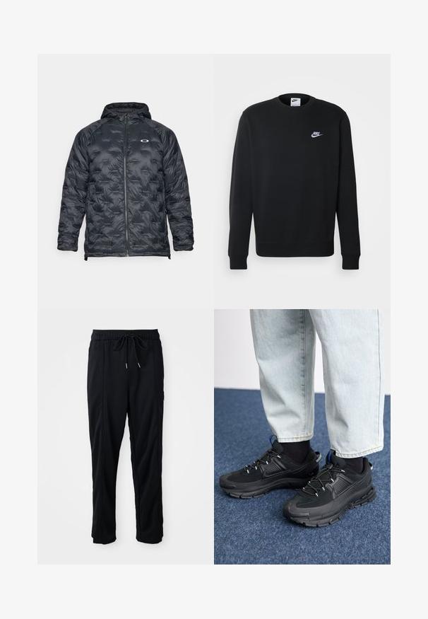 Juodas paminkštintas striukė su užtrauktuku ir kapišonu. Ypatybės: bėgimo dizainas ir mažas logotipas ant krūtinės. Sklandži medžiaga, lengva.; Juodas megztinis, pagamintas iš minkštos medžiagos, su apvalia iškirpte, ilgomis rankovėmis, dygsniuotais rankogaliais ir mažąja balta Nike logotipu krūtinėje.; Juodos laisvos kelnės su raišteliu liemens, šoninėmis kišenėmis ir tiesiu kirpimu ant vienodos fono.; Juodi sportiniai bateliai su tekstūruota medžiaga ir guminiais padais, su elastingomis raišteliais ir mėlynu akcentu ant kulno. Dėvimi su šviesiai mėlynomis džinsinėmis kelnėmis.