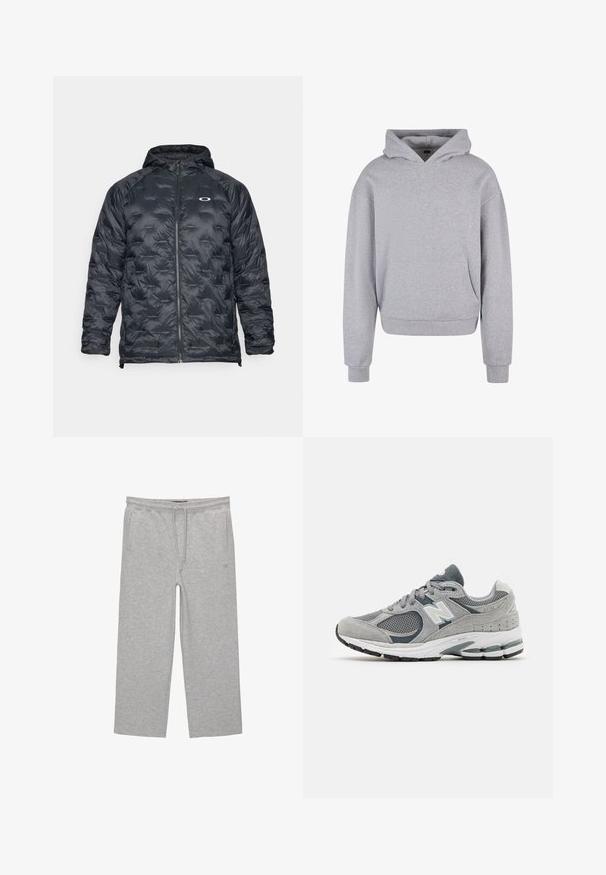 Giacca nera imbottita con chiusura a zip e cappuccio. Include un design a baffles e un piccolo logo sul petto. Materiale liscio e leggero.; Felpa grigia in cotone con tasca frontale, cappuccio con cordino e polsini e orlo a coste. Presenta una finitura morbida e testurizzata.; Pantaloni lounge grigi in cotone con cintura elastica, cordoncino e due tasche laterali; design a gamba dritta, morbida al tatto, senza motivi.; Sneaker grigia realizzata in materiali mesh e suede, con logo bianco, colletto imbottito e suola in gomma texturizzata. Accenti in grigio più scuro.