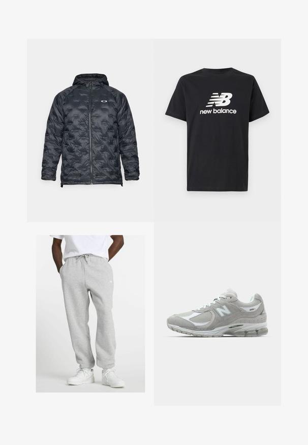 Black padded jacket with a zip closure and hood. Features include a baffle design and a small logo on the chest. Smooth, lightweight material.; Black cotton T-shirt featuring a white New Balance logo and graphic design on the front. Short sleeves and a crew neck.; Man wearing light gray sweatpants with drawstring and white sneakers, standing with hands in pockets on a white background.; Light gray New Balance 2002R sneaker features a suede and mesh upper, white accents, cushioned sole, and visible cushioning technology.