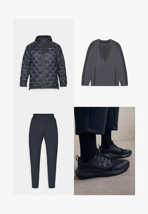 Black padded jacket with a zip closure and hood. Features include a baffle design and a small logo on the chest. Smooth, lightweight material.; Long-sleeve athletic shirt in dark gray, featuring mesh panels, a crew neckline, and a fitted design with geometric accents on shoulders.; Black athletic pants with a smooth texture, slim fit, elastic waistband, and side pockets. Features a small logo on the left thigh.; Person wearing black athletic sneakers with textured sides and logo, paired with black socks and cropped pants on a light floor.