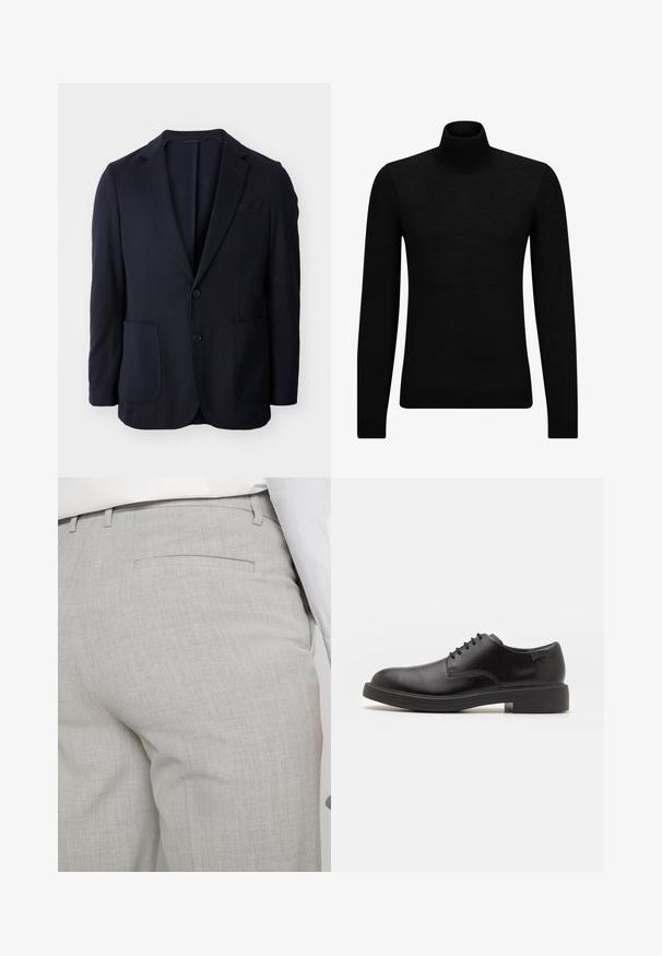 Tumesin blazer, millel on kaks nuppu ees, talje klapid, kaks eesmist taskut ja pehme tekstuur. Sirge lõige, ilma nähtavate mustrite või aksessuaarideta.; Musthave muströid ja pehmest materjalist must turtleneck, millel on pikad varrukad ja tihe istuvus. Ribaga ääris allservas ja vöökohal. Lihtne disain.; Heledat hallid kohandatud püksid tekstuurse kangaga, millel on üks tagatasku ja puhas õmblus.; Must beemel levalis kingad ümarate varvastega, sileda pinnaga, minimaalsete õmblustega ja madala kummist kontsaga. Logo kontsa peal.