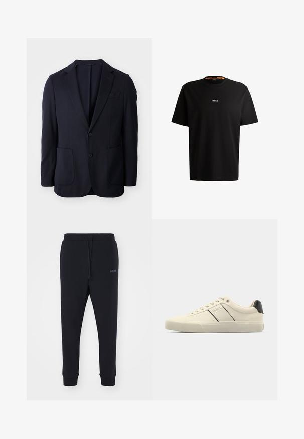 Sacou marin cu un front cu două butoane, rever în stil notch, două buzunare frontale și o textură moale. Croi drept, fără modele sau accente vizibile.; Tricou din bumbac negru, cu decolteu rotund, mâneci scurte și logo-ul alb „BOSS” centrat pe piept. Textură fină, croi lejer.; Pantaloni sport negri dintr-un material moale, cu talie elastică, șnur de ajustare și picioare conice. Prezintă un mic logo pe lateral.; Adidași de culoare crem cu o textură netedă, având accente și branding negre. Design clasic cu șireturi, cu vârful rotund și talpă de cauciuc.