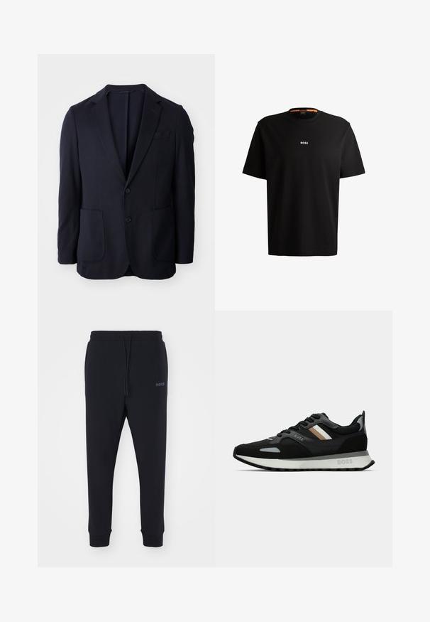 Tumesin blazer, millel on kaks nuppu ees, talje klapid, kaks eesmist taskut ja pehme tekstuur. Sirge lõige, ilma nähtavate mustrite või aksessuaarideta.; Must musta T-särk ümmarguse kaelusega, lühikeste varrukatega ja valge "BOSS" logoga, mis on keskendatud rinnale. Sile tekstuur, võimaldab mugavat istuvust.; Mustad mustad, pehmeast materjalist, elastse vöökohtadega, nööridega ja kitsenevate jalgadega. Küljel on väike logo.; Mustmustreen jooksujalats, millel on tekstuuriga pind, helesinised aktsendid ja kolm horisontaalset triipu pruunis. Omab valget pehmendatud tallat.