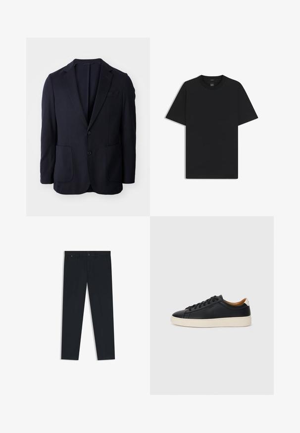 Marinblå blazer med tvåknappsknäppning, slagkrage, två framfickor och en mjuk textur. Rak skärning utan synliga mönster eller accenter.; Svart kortärmad T-shirt i en mjuk bomullsblandning, med rundad halsringning och en minimalistisk design utan mönster eller detaljer.; Herrens mörkblå byxor i lättviktsmaterial. Har knappstängning, bälteshällor och två sidofickor. Rakt ben-design.; Svarta lädersneakers med en slät yta, beige gummisula, snörning och en kontrasterande hälackcent.