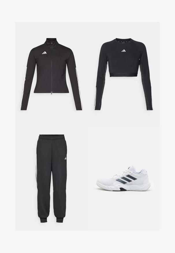 Giacca sportiva nera con colletto alto, chiusura con zip e strisce laterali bianche. Realizzata in materiale elastico, presenta un design aderente e dettagli con logo.; Top da allenamento nero a maniche lunghe e cropped realizzato in tessuto morbido. Presenta un logo bianco sul petto e accenti a righe sulle maniche.; Pantaloni sportivi neri con vita elastica, caviglie svasate e strisce laterali bianche. Realizzati in un tessuto morbido con una superficie liscia.; Scarpa sportiva bianca con tomaia in mesh, tre strisce nere sui lati, dettagli testurizzati e una suola in gomma robusta con una sezione nera a contrasto.
