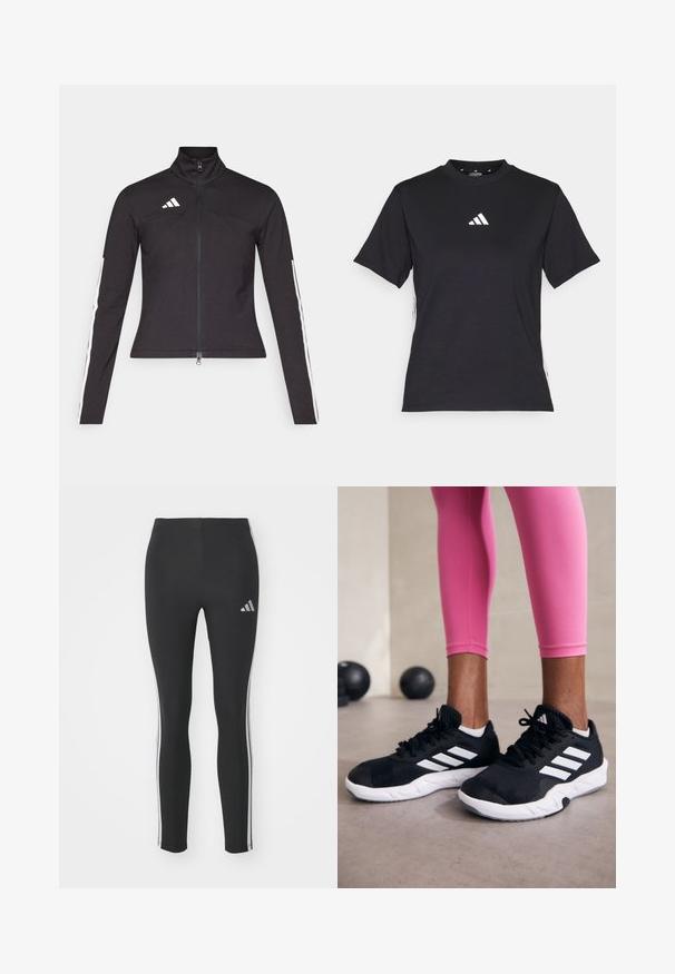 Svart treningsjakke med høy krage, glidelås og hvite sidelister. Laget av elastisk materiale, med en tætsittende design og logo-detalj.; Svart T-skjorte med korte ermer laget av mykt stoff. Har en hvit Adidas-logo og kontrasterende hvite striper langs sidene.; Sorte leggings laget av elastisk materiale med hvite sidestriper og en liten reflekterende logo øverst til venstre.; Svarte treningssko med hvite striper, teksturert mesh-overdel og hvit såle. Brukt med rosa leggings, som viser frem treningsklær.