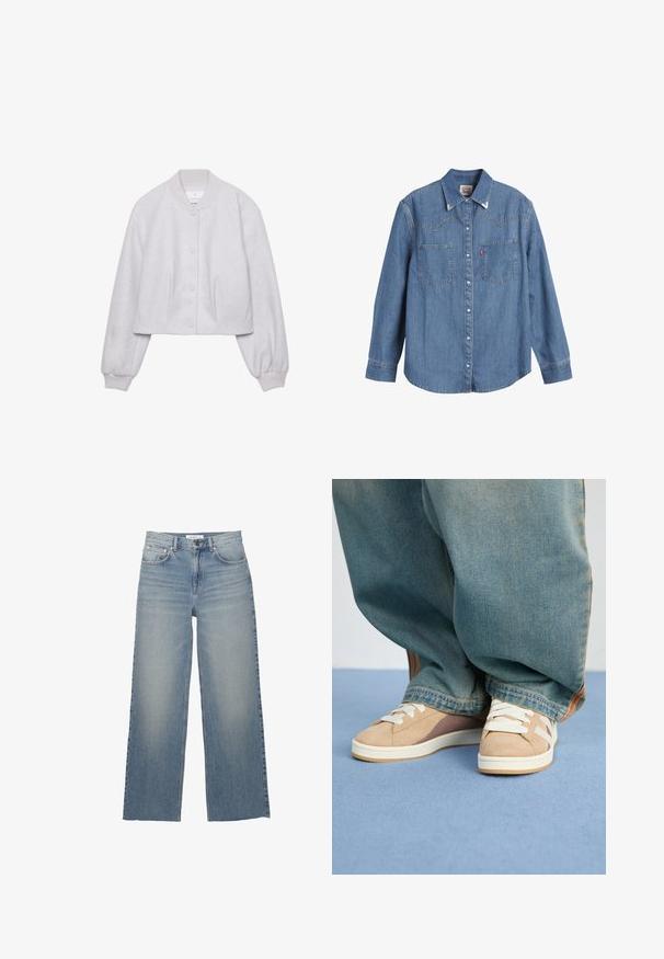Svetlo sivý skrátený bomber kabát vyrobený z mäkkého materiálu, s rebrovaným golierom, gombíkovými uzávermi a prešívanými detailmi vpredu.; Svetlomodrá džínsová košeľa s dlhými rukávmi, špicatým golierom, dvoma náprsníkmi a kontrastným stehom. Obsahuje dizajn yoku v západnom štýle.; Svetlomodré nohavice s širokými nohavicami vyrobené z denimu, s vysokým pásom, prednými vreckami a zapínaním na gombík. Hladká textúra s vyblednutými oblasťami.; Béžové tenisky zo zamatového a textilného materiálu, s bielymi šnúrkami, svetlohnedými akcentami a textúrovanou podrážkou. Nosené s voľnými modrými denimovými nohavicami.