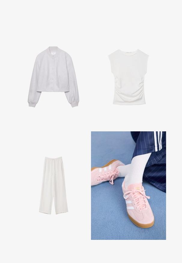 Svetle šedá zkrácená bomber bunda vyrobená z měkké látky, s žebrovaným límcem, knoflíkovým zapínáním a sklady na přední straně.; Bílý tílko bez rukávů s kulatým výstřihem a jemnými bočními řasením, zobrazené na rovném povrchu na bílém pozadí.; Bílé široké kalhoty vyrobené z lehké tkaniny. Mají elastický pas se šňůrkou a boční kapsy. Hladká textura.; Svetle růžové semišové tenisky s bílými pruhy a tkaničkami, s texturovaným jazykem a gumovou podrážkou, položené na modrém koberci.