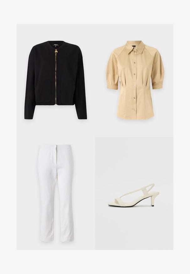 Black zip-up sweatshirt made from soft fabric with a round neckline, two front pockets, and gold hardware on the zipper.; Beige button-up shirt with short puff sleeves, a spread collar, and seam detailing. Made of smooth fabric with front button closure.; White cotton pants with a straight leg design, featuring a mid-rise waist and no visible hardware or patterns. Smooth texture throughout.; Beige block-heeled sandals with thin straps and a square toe. Smooth material with minimal detailing, designed for easy wear.